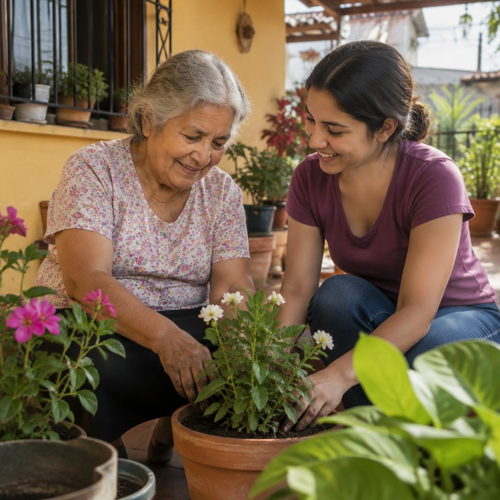 Una señora mayor y su acompañante plantando flores en el patio
